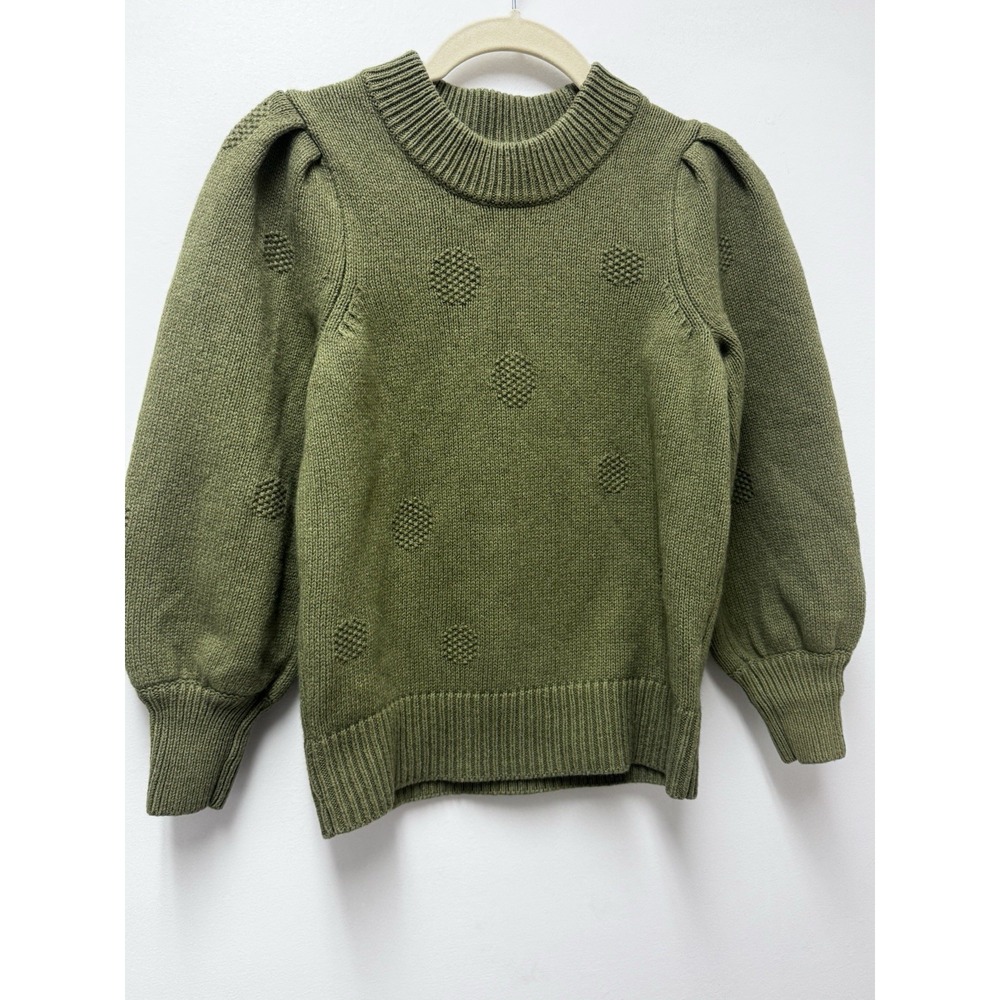 Madewell Olive Green Puff Sleeve Polka Dot Sweater XXS Cotton‎ Merino Wool